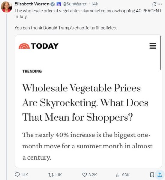 股票配资广东 美国7月蔬菜批发价格暴涨40%，美参议员沃伦：“感谢特朗普混乱的关税政策”